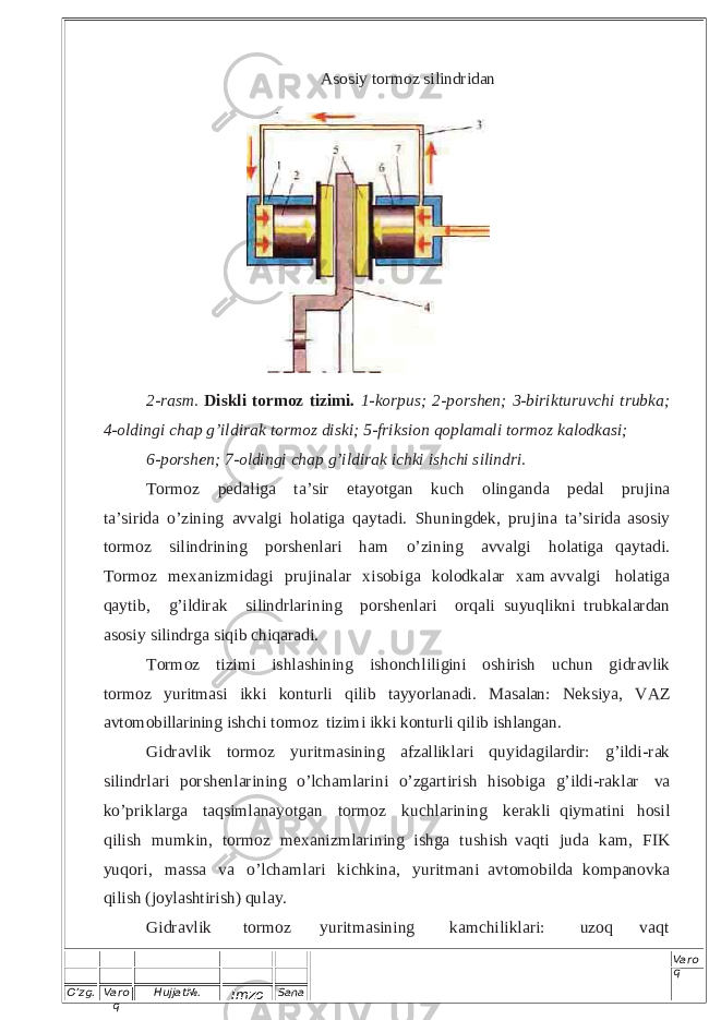 O’zg. Varo q Hujjat№. Imzo Sana Varo q Asosiy to rm oz silindridan 2- rasm. Dis kli tor m oz tizimi. 1-ko rpu s; 2-po rshen; 3-bir iktu ruvchi trubk a; 4-oldi ngi chap g’i ldi rak to rm oz di ski; 5-fr iksion qoplamali to rmoz kalodka si; 6-po rshen; 7-old ingi chap g’i ldi rak ichki ishchi silind ri. To r m oz p e d a l i g a t a ’ s i r e t a y o t g an k u c h o l i n g a nd a p e d a l p r u j i n a t a ’ s i r i d a o’z in i ng a vv a lg i h o l a t i g a q a y t a d i . S h u n in g d e k, p r u j i n a t a ’ s i r i d a a s o s i y t or m o z s i l i nd r i n ing p ors h e n l ari ha m o’ zi n i ng a v v a lg i h o l a t ig a qa y ta d i . T or m o z m ex an i z m i d a g i p r u j i n a l a r x i s o bi g a k o lo d ka l ar x a m a v v a lg i h o l a t i g a q a y t i b , g’ i l d i r ak s i l i n d r l a r i n i n g p or s h e n l a r i or q a l i s u y uq l i kn i t r u bk a l a r d a n as o s i y s i l i n d r g a s i q i b c h i q a r a d i . T o r m o z t i z i m i i s h l a s hi n i n g i s h o nch l i l i g in i o s hi r i s h u chu n g i d r av l i k t o r m o z y u r it m a s i i k k i k o nt u r l i q i l i b t a yy o r l an a d i . M a s a l an : N e k s i y a , V A Z a v t o m o bil l a r inin g i s hc h i t o rm o z t i z i m i i k k i k o ntu r l i q i l i b i s h l an g a n . G i d ra vl ik t o r m o z y ur it m as i ning a f zal l i k l a r i q u y i d a g i l a rd ir: g ’ i l d i -ra k s i lin d r l a r i p orsh e n l a r in in g o’ l ch a m l ari n i o’ zg a r t i r i s h hi s ob i g a g’ i l d i - r ak l ar va ko’ p r i k larga t a qs i m l a n a y ot ga n t o rm o z k u c h l a r i n i n g k e r a k l i q i y m a t i n i h o s i l qi l i s h m u m k i n, t or m o z m ex an i z m l ar in i ng i s h g a tu s h i sh v aq t i j u da kam, F I K y u q o r i , m a s s a v a o ’l c ha mla r i k i c hk i na, y urit m a ni a v t o m o b i ld a k o m p an ovk a qi l i s h ( j oy las h t i ri s h ) q u l a y . G i d ra vl ik to r m o z y u r i t m a s i n i n g k am c h i l i k l a r i : u zo q va q t 