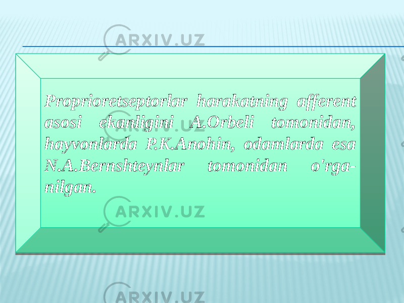 Proprioretseptorlar harakatning afferent asosi ekanligini A.Orbeli tomonidan, hayvonlarda P.K.Anohin, odamlarda esa N.A.Bernshteynlar tomonidan o&#39;rga- nilgan.26 03 0D031C 371F 0205 