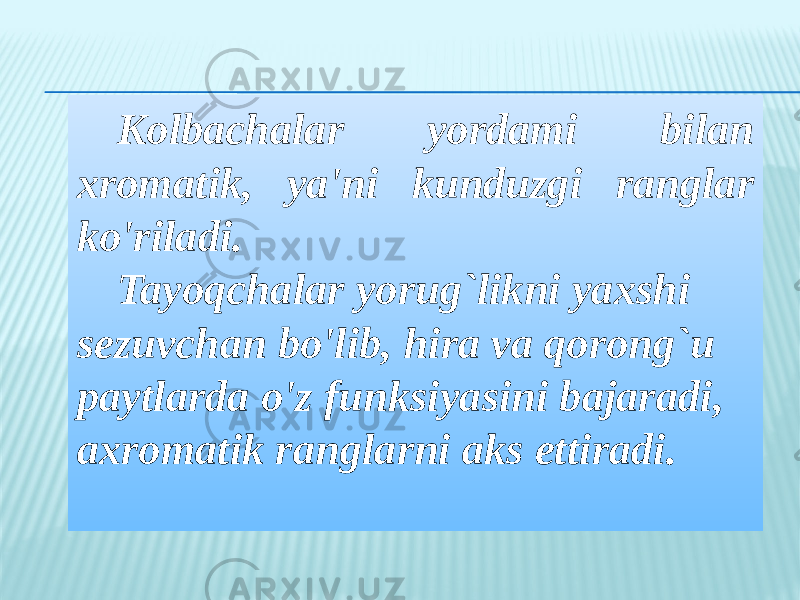 Kolbachalar yordami bilan xromatik, ya&#39;ni kunduzgi ranglar ko&#39;riladi. Tayoqchalar yorug`likni yaxshi sezuvchan bo&#39;lib, hira va qorong`u paytlarda o&#39;z funksiyasini bajaradi, axromatik ranglarni aks ettiradi. 