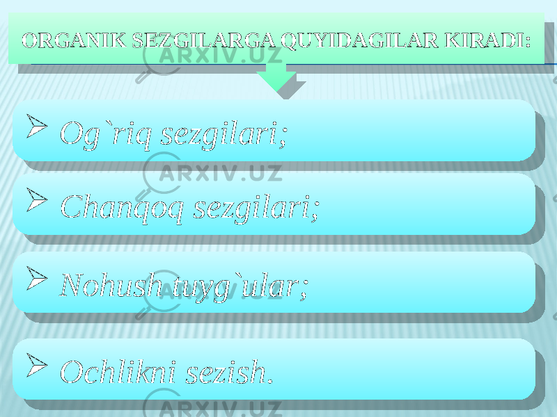 ORGANIK SEZGILARGA QUYIDAGILAR KIRADI:  Og`riq sezgilari;  Chanqoq sezgilari;  Nohush tuyg`ular;  Ochlikni sezish.44 01 01 02 01 01 0E 01 01 12 01 01 02 