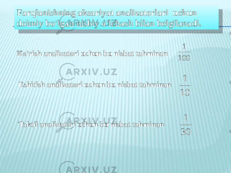 Farqlanishning aksariyat analizatorlari uchun doimiy bo&#39;lgan nisbiy o&#39;lchash bilan belgilanadi. Ko&#39;rish analizatori uchun bu nisbat tahminan Eshitish analizatori uchun bu nisbat tahminan Taktil analizatori uchun bu nisbat tahminan 100 1 10 1 30 146 1A160D 