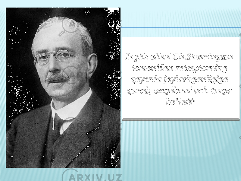 Ingliz olimi Ch.Sherrington tomonidan retseptorning qayerda joylashganligiga qarab, sezgilarni uch turga bo&#39;ladi: 280216 07 0E03 0E03 18 