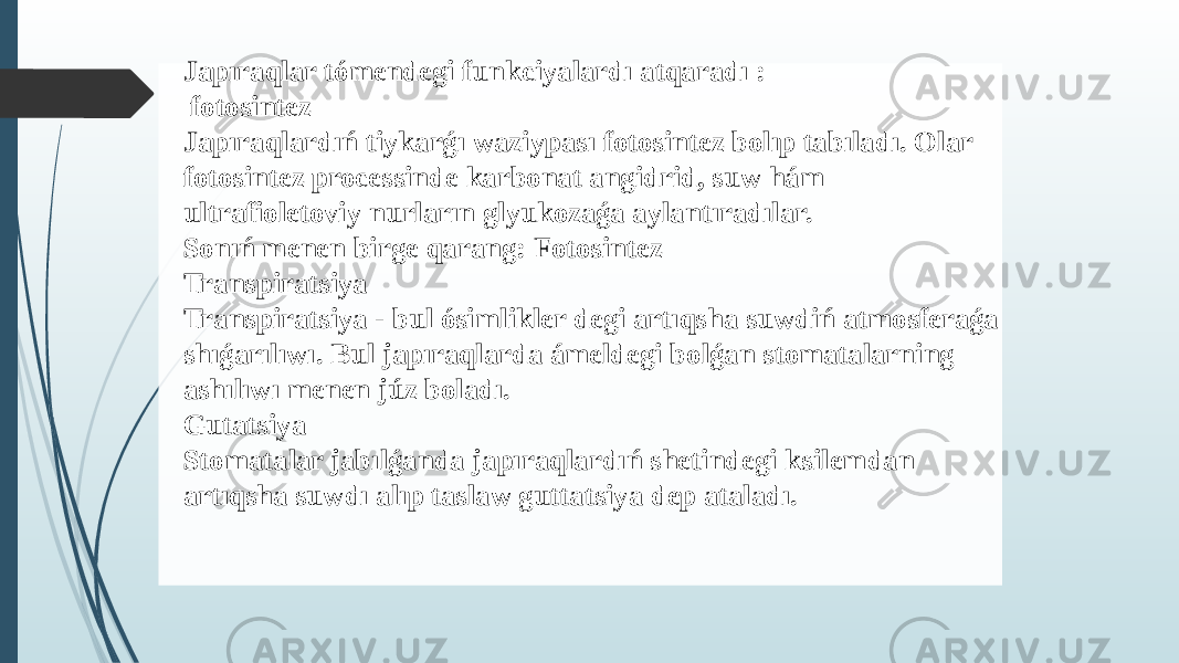 Japıraqlar tómendegi funkciyalardı atqaradı : fotosintez Japıraqlardıń tiykarǵı waziypası fotosintez bolıp tabıladı. Olar fotosintez processinde karbonat angidrid, suw hám ultrafioletoviy nurların glyukozaǵa aylantıradılar. Sonıń menen birge qarang: Fotosintez Transpiratsiya Transpiratsiya - bul ósimlikler degi artıqsha suwdiń atmosferaǵa shıǵarılıwı. Bul japıraqlarda ámeldegi bolǵan stomatalarning ashılıwı menen júz boladı. Gutatsiya Stomatalar jabılǵanda japıraqlardıń shetindegi ksilemdan artıqsha suwdı alıp taslaw guttatsiya dep ataladı. 