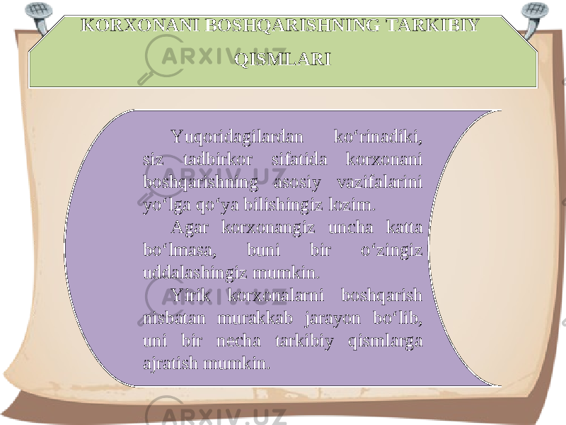 KORXONANI BOSHQARISHNING TARKIBIY QISMLARI Yuqoridagilardan ko‘rinadiki, siz tadbirkor sifatida korxonani boshqarishning asosiy vazifalarini yo‘lga qo‘ya bilishingiz lozim. Agar korxonangiz uncha katta bo‘lmasa, buni bir o‘zingiz uddalashingiz mumkin. Yirik korxonalarni boshqarish nisbatan murakkab jarayon bo‘lib, uni bir necha tarkibiy qismlarga ajratish mumkin. 