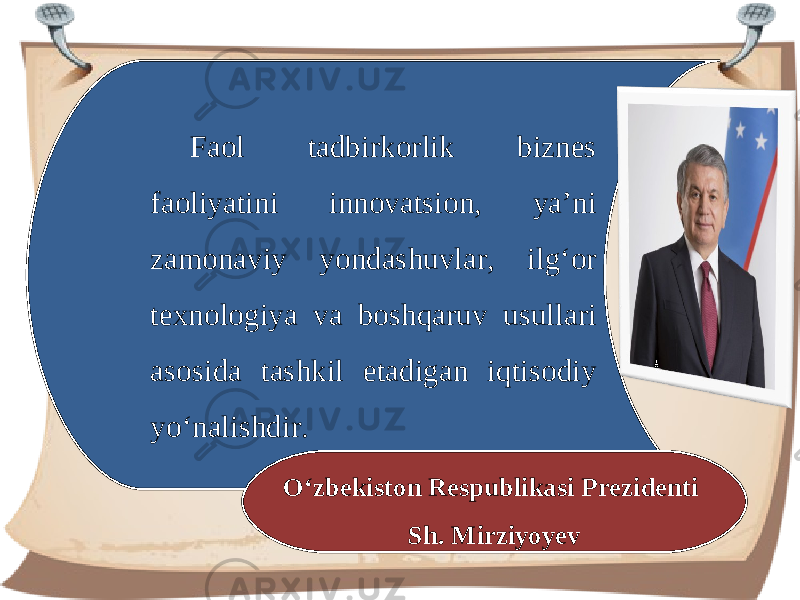 Faol tadbirkorlik biznes faoliyatini innovatsion, ya’ni zamonaviy yondashuvlar, ilg‘or texnologiya va boshqaruv usullari asosida tashkil etadigan iqtisodiy yo‘nalishdir. O‘zbekiston Respublikasi Prezidenti Sh. Mirziyoyev 