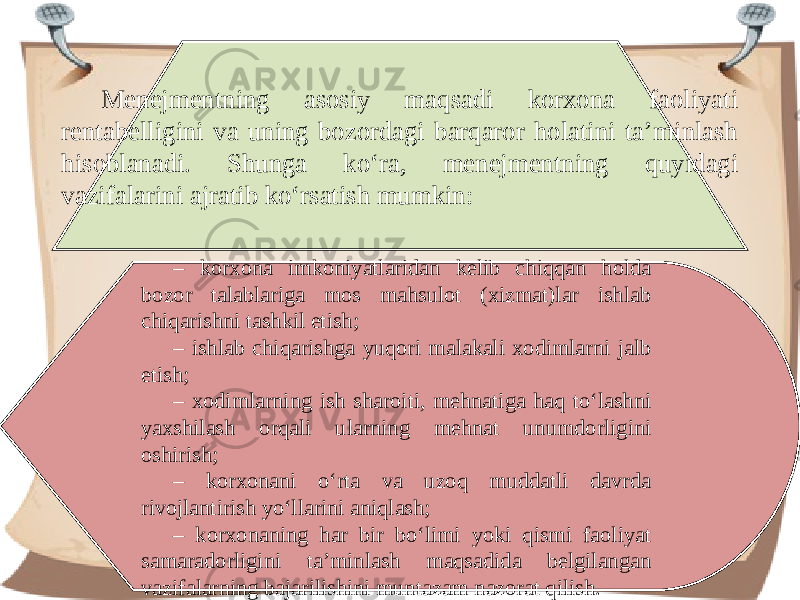 Menejmentning asosiy maqsadi korxona faoliyati rentabelligini va uning bozordagi barqaror holatini ta’minlash hisoblanadi. Shunga ko‘ra, menejmentning quyidagi vazifalarini ajratib ko‘rsatish mumkin: – korxona imkoniyatlaridan kelib chiqqan holda bozor talablariga mos mahsulot (xizmat)lar ishlab chiqarishni tashkil etish; – ishlab chiqarishga yuqori malakali xodimlarni jalb etish; – xodimlarning ish sharoiti, mehnatiga haq to‘lashni yaxshilash orqali ularning mehnat unumdorligini oshirish; – korxonani o‘rta va uzoq muddatli davrda rivojlantirish yo‘llarini aniqlash; – korxonaning har bir bo‘limi yoki qismi faoliyat samaradorligini ta’minlash maqsadida belgilangan vazifalarning bajarilishini muntazam nazorat qilish. 