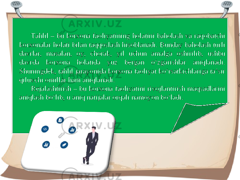 Tahlil – bu korxona faoliyatining holatini baholash va raqobatchi korxonalar holati bilan taqqoslash hisoblanadi. Bunday baholash turli davrlar, masalan, oy, chorak, yil uchun amalga oshirilib, ushbu davrda korxona holatida yuz bergan o‘zgarishlar aniqlanadi. Shuningdek, tahlil jarayonida korxona faoliyat ko‘rsatkichlariga ta’sir qiluvchi omillar ham aniqlanadi. Rejalashtirish – bu korxona faoliyatini rivojlantirish maqsadlarini aniqlash bo‘lib, u aniq natijalar orqali namoyon bo‘ladi. 