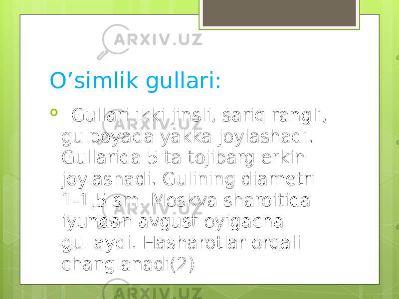 O’simlik gullari:  Gullari ikki jinsli, sariq rangli, gulpoyada yakka joylashadi. Gullarida 5 ta tojibarg erkin joylashadi. Gulining diametri 1-1,5 sm. Moskva sharoitida iyundan avgust oyigacha gullaydi. Hasharotlar orqali changlanadi(2) 