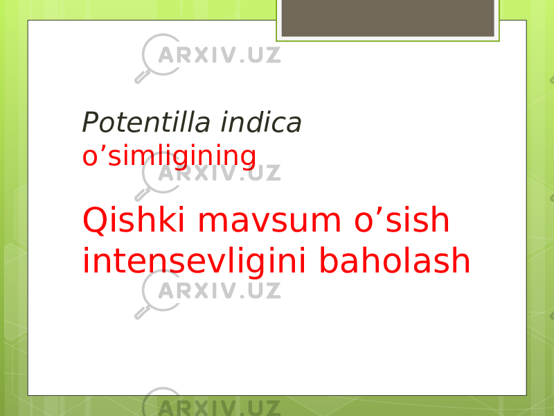 Potentilla indica o’simligining Qishki mavsum o’sish intensevligini baholash 