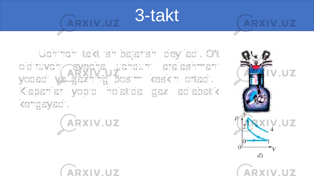  3-takt Uchinchi takt ish bajarish deyiladi. O‘t oldiruvchi svecha uchquni aralashmani yoqadi va gazning bosimi keskin ortadi. Klapanlar yopiq holatida gaz adiabatik kengayadi. 