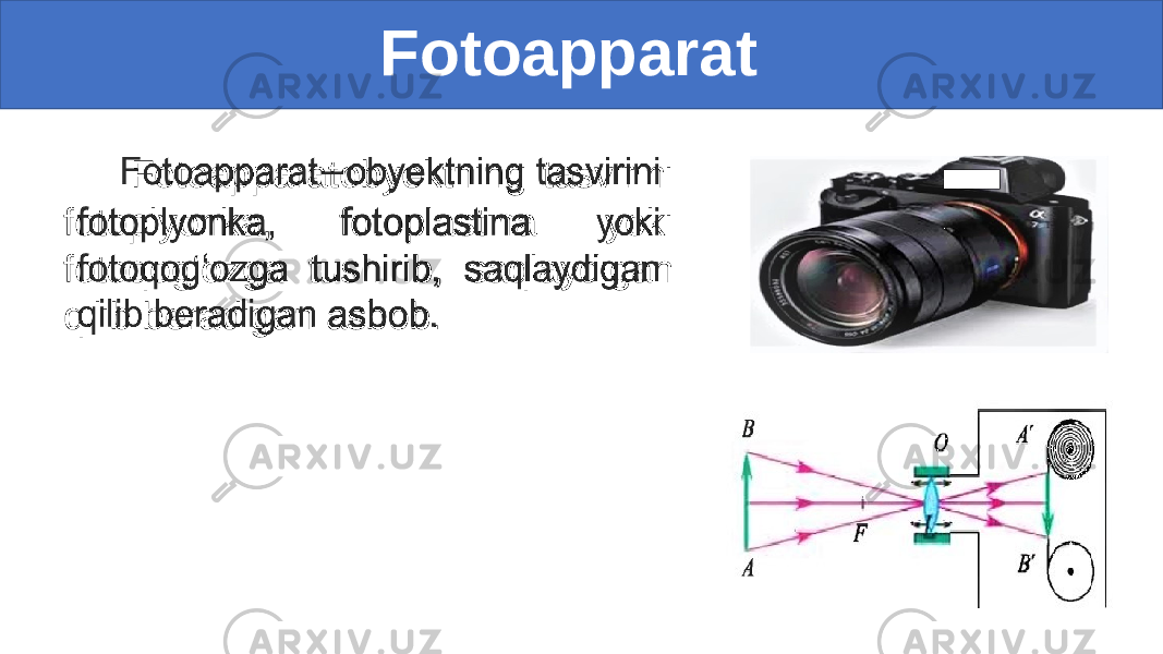  Fotoapparat Fotoapparatobyektning tasvirini fotoplyonka, fotoplastina yoki fotoqog‘ozga tushirib, saqlaydigan qilib beradigan asbob.• 