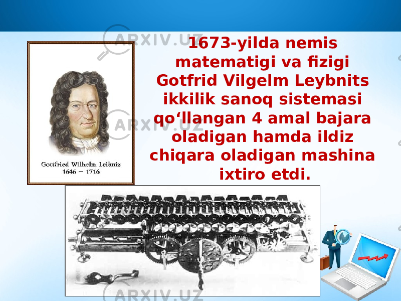 1673-yilda nemis matematigi va fizigi Gotfrid Vilgelm Leybnits ikkilik sanoq sistemasi qo‘llangan 4 amal bajara oladigan hamda ildiz chiqara oladigan mashina ixtiro etdi. 