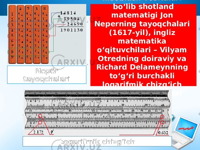 Keyingi e’tiborli hisoblash vositalari bo‘lib shotland matematigi Jon Neperning tayoqchalari (1617-yil), ingliz matematika o‘qituvchilari – Vilyam Otredning doiraviy va Richard Delameynning to‘g‘ri burchakli logarifmik chizg‘ich (1632-yil) loyihalari hisoblanadi.Neper tayoqchalari Logarifmik chizg‘ich 