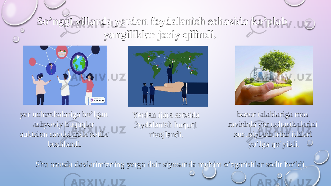 So’nggi yillarda yerdan foydalanish sohasida ko’plab yangiliklar joriy qilindi. Yerdan ijara asosida foydalanish huquqi rivojlandi. bozor talablariga mos ravishda yer uchastkalarini xususiylashtirish ishlari yo’lga qo’yildi. yer uchastkalariga bo’lgan ashyoviy huquqlar auktsion savdolarida sotila boshlandi. Shu asosda davlatimizning yerga doir siyosatida muhim o’zgarishlar sodir bo’ldi. 