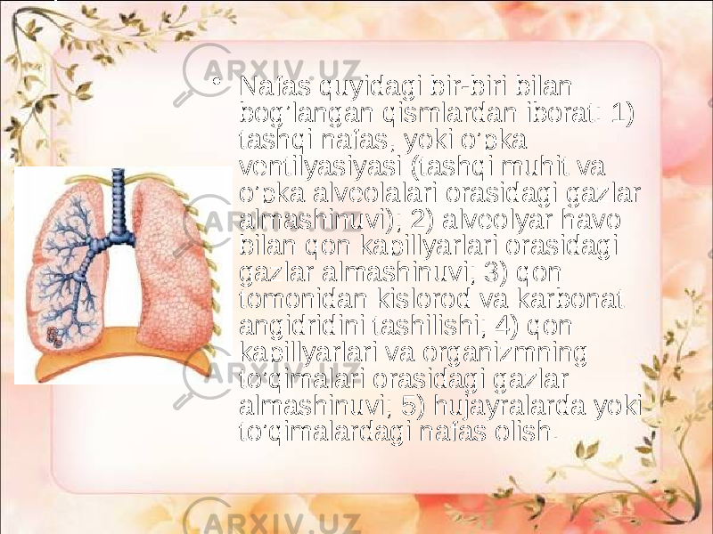 • Nafas quyidagi bir-biri bilan bog’langan qismlardan iborat: 1) tashqi nafas, yoki o’pka ventilyasiyasi (tashqi muhit va o’pka alveolalari orasidagi gazlar almashinuvi); 2) alveolyar havo bilan qon kapillyarlari orasidagi gazlar almashinuvi; 3) qon tomonidan kislorod va karbonat angidridini tashilishi; 4) qon kapillyarlari va organizmning to’qimalari orasidagi gazlar almashinuvi; 5) hujayralarda yoki to’qimalardagi nafas olish. 