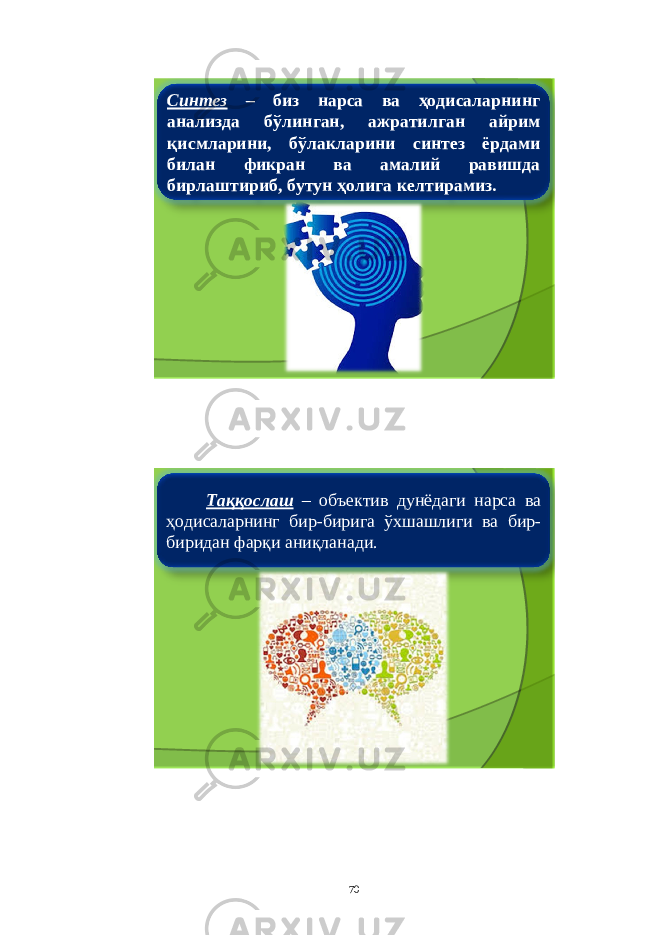 Синтез – биз нарса ва ҳодисаларнинг анализда бўлинган , ажратилган айрим қисмларини , бўлакларини синтез ёрдами билан фикран ва амалий равишда бирлаштириб , бутун ҳолига келтирамиз . Таққослаш – объектив дунёдаги нарса ва ҳодисаларнинг бир - бирига ўхшашлиги ва бир - биридан фарқи аниқланади . 70 