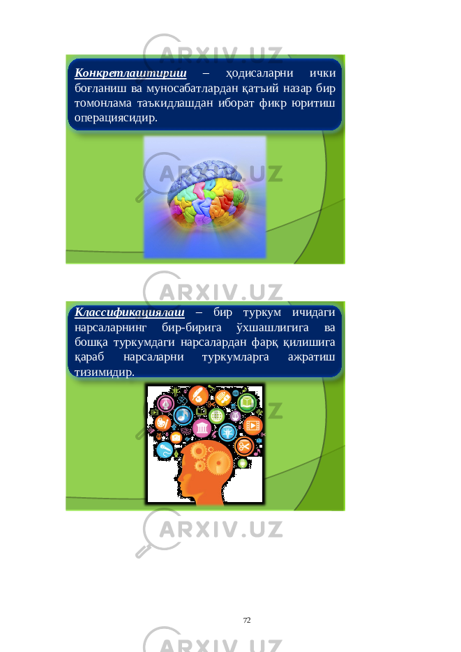 Конкретлаштириш – ҳодисаларни ички боғланиш ва муносабатлардан қатъий назар бир томонлама таъкидлашдан иборат фикр юритиш операциясидир . Классификациялаш – бир туркум ичидаги нарсаларнинг бир - бирига ўхшашлигига ва бошқа туркумдаги нарсалардан фарқ қилишига қараб нарсаларни туркумларга ажратиш тизимидир . 72 