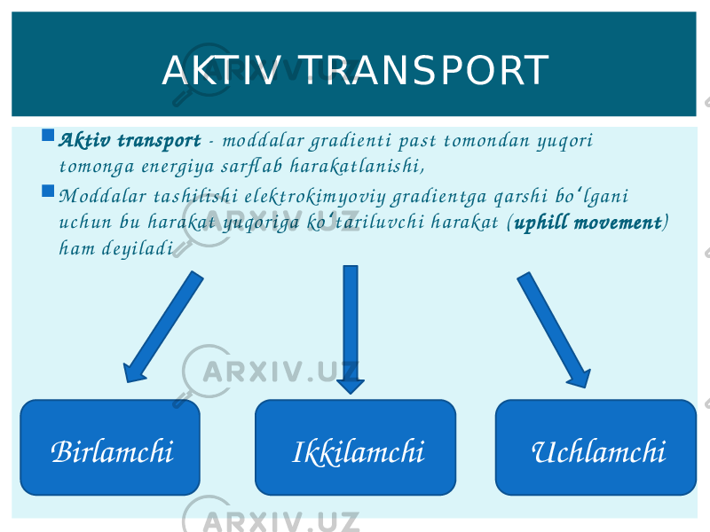  A kt i v t ra n s p o r t - m o d d a l a r g r a d i e n t i p a st t o m o n d a n y u q o r i t o m o n g a e n e r g i y a s a r fl a b h a ra ka t l a n i s h i ,  M o d d a l a r t a s h i l i s h i e l e kt ro k i m y o v i y g r a d i e n t g a q a rs h i b o l g a n i ʻ u c h u n b u h a r a ka t y u q o r i g a ko t a r i l u v c h i h a r a ka t ( ʻ u p h i l l m o v e m e n t ) h a m d e y i l a d i AKTIV TRANSP ORT Birlamchi Ikkilamchi Uchlamchi 