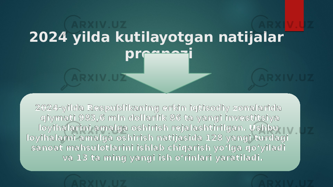 2024 yilda kutilayotgan natijalar prognozi 2024-yilda Respublikaning erkin iqtisodiy zonalarida qiymati 983,6 mln dollarlik 86 ta yangi investitsiya loyihalarini amalga oshirish rejalashtirilgan. Ushbu loyihalarni amalga oshirish natijasida 128 yangi turdagi sanoat mahsulotlarini ishlab chiqarish yo‘lga qo‘yiladi va 13 ta ming yangi ish o‘rinlari yaratiladi. 