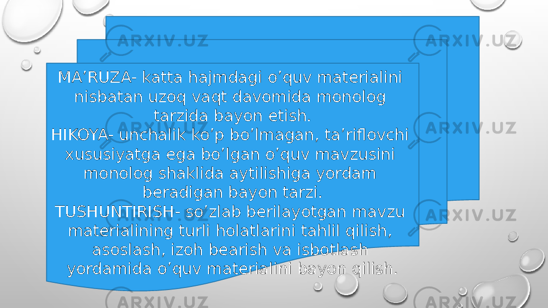 MA’RUZA- katta hajmdagi o’quv materialini nisbatan uzoq vaqt davomida monolog tarzida bayon etish. HIKOYA- unchalik ko’p bo’lmagan, ta’riflovchi xususiyatga ega bo’lgan o’quv mavzusini monolog shaklida aytilishiga yordam beradigan bayon tarzi. TUSHUNTIRISH- so’zlab berilayotgan mavzu materialining turli holatlarini tahlil qilish, asoslash, izoh bearish va isbotlash yordamida o’quv materialini bayon qilish. 