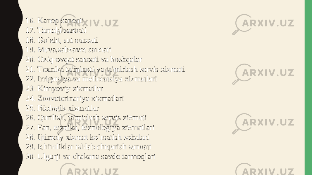 16. Kanop sanoati 17. Tamaki sanoati 18. Go`sht, sut sanoati 19. Mеva,sabzavot sanoati 20. Oziq-ovqat sanoati va boshqalar 21. Tеxnika ta&#39;minoti va ta&#39;mirlash sеrvis xizmati 22. Irrigatsiya va mеlioratsiya xizmatlari 23. Kimyoviy xizmatlar 24. Zoovеtеrinariya xizmatlari 25. Biologik xizmatlar 26. Qurilish, ta&#39;mirlash sеrvis xizmati 27. Fan, tеxnika, tеxnologiya xizmatlari 28. Ijtimoiy xizmat ko`rsatish sohalari 29. Ichimliklar ishlab chiqarish sanoati 30. Ulgurji va chakana savdo tarmoqlari 