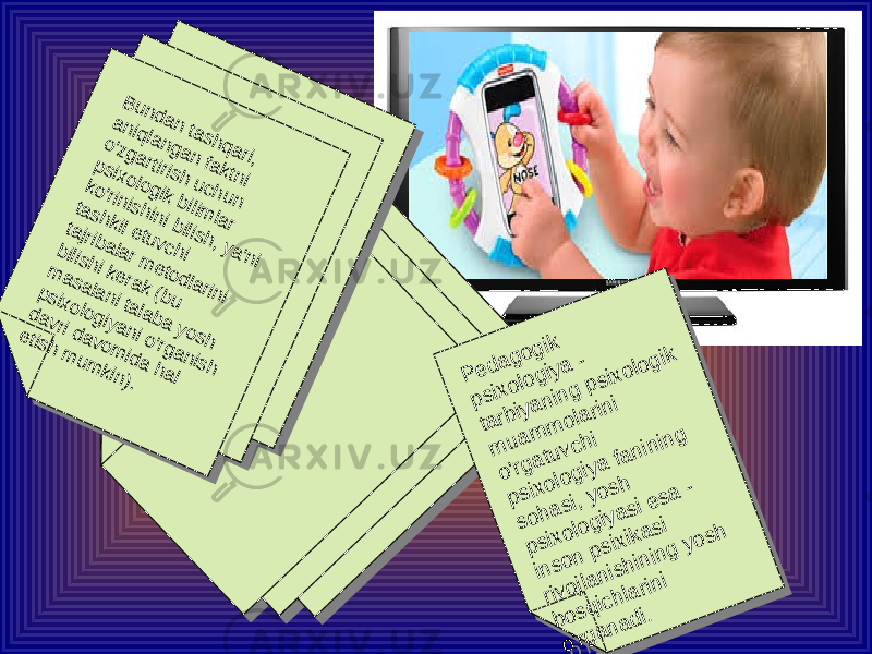 P edagogik psixologiya - tarbiyaning psixologik m uam m olarini o&#39;rgatuvchi psixologiya fanining sohasi, yosh psixologiyasi esa - inson psixikasi rivojlanishining yosh bosqichlarini o&#39;rganadi. P edagogik psixologiya - tarbiyaning psixologik m uam m olarini o&#39;rgatuvchi psixologiya fanining sohasi, yosh psixologiyasi esa - inson psixikasi rivojlanishining yosh bosqichlarini o&#39;rganadi. Bundan tashqari, aniqlangan faktni o&#39;zgartirish uchun psixologik bilim lar ko&#39;rinishini bilish, ya&#39;ni tashkil etuvchi tajribalar m etodlarini bilishi kerak (bu m asalani talaba yosh psixologiyani o&#39;rganish davri davom ida hal etish m um kin). Bundan tashqari, aniqlangan faktni o&#39;zgartirish uchun psixologik bilim lar ko&#39;rinishini bilish, ya&#39;ni tashkil etuvchi tajribalar m etodlarini bilishi kerak (bu m asalani talaba yosh psixologiyani o&#39;rganish davri davom ida hal etish m um kin). 