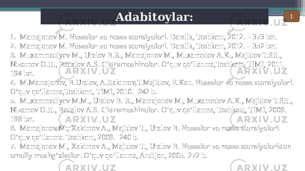 ’ Adabitoylar: 1. Mamajonov M. Nasoslar va nasos stansiyalari . Darslik, Toshkent, 2012. – 373 bet. 2. Mamajonov M. Nasoslar va nasos stansiyalari . Darslik, Toshkent, 2012. – 352 bet. 3. Muxammadiyev M., Uralov B.R., Mamajonov M., Muxamedov A.K., Majidov T.SH., Nizomov O.H., Badalov A.S. Gidromashinalar . O’quv qo’llanma,Toshkent, TIMI, 2011.- 194 bet. 4. M.Mamajonov, B.Uralov, A.Hakimov,T.Majidov, E.Kan. Nasoslar va nasos stansiyalari . O’quv qo’llanma,Toshkent, TIMI, 2010.- 242 b. 5. Muxammadiyev M.M., Uralov B. R., Mamajonov M., Muxamedov A.K., Majidov T.SH., Nizamov O.H., Badalov A.S. Gidromashinalar . O‘quv qo‘llanma, Toshkent, TIMI, 2009.- 198 bet. 6. Mamajonov M., Xakimov A., Majidov T., Uralov B. Nasoslar va nasos stansiyalari . O‘quv qo‘llanma. Toshkent, 2009.- 240 b. 7. Mamajonov M., Xakimov A., Majidov T., Uralov B. Nasoslar va nasos stansiyalaridan amaliy mashg‘ulotlar . O‘quv qo‘llanma, Andijon, 2005.-272 b. 1 