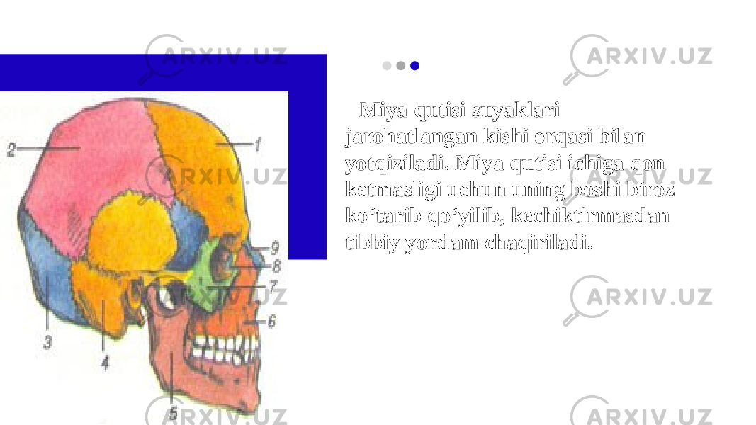 Miya qutisi suyaklari jarohatlangan kishi orqasi bilan yotqiziladi. Miya qutisi ichiga qon ketmasligi uchun uning boshi biroz ko‘tarib qo‘yilib, kechiktirmasdan tibbiy yordam chaqiriladi. 