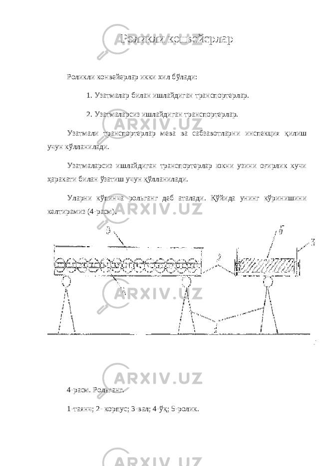 Роликли конвейерлар Роликли конвейерлар икки хил б ў лади: 1. Узатмалар билан ишлайдиган транспортерлар. 2. Узатмаларсиз ишлайдиган транспортерлар. Узатмали транспортерлар мева ва сабзавотларни инспекция қилиш учун к ў лланилади. Узатмаларсиз ишлайдиган транспортерлар юкни узини оғирлик кучи ҳаракати билан ў затиш учун қ ў лланилади. Уларни к ў пинча рольганг деб аталади. Қўйида унинг кўринишини келтирамиз (4-расм). 4-расм. Рольганг. 1-таянч; 2- корпус; 3-вал; 4-ўқ; 5-ролик. 