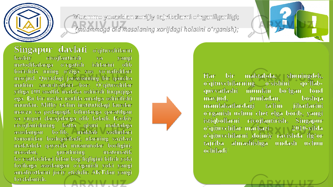 Muammo yuzasidan xorijiy tajribalarni o‘rganilganligi; (muammoga oid masalaning xorijdagi holatini o‘rganish); Singapur davlati o&#39;qituvchilarni kasbiy rivojlantirish va yangi metodikalarga o&#39;rgatish ishlarini olib borishda uning o&#39;ziga xos yo&#39;nalishlari mavjud. Quyidagi jarayonning bir qancha muhim xususiyatlari bor: O&#39;qituvchilar yiliga 100 soatlik malaka oshirish huquqiga ega. Bu bir necha usulda amalga oshirilishi mumkin. Milliy ta&#39;lim institutidagi kurslar mavzu va pedagogik bilimlarga qaratilgan va yuqori darajalarga olib keladi. Kasbiy rivojlanishning katta qismi maktabga asoslangan bo&#39;lib, maktab xodimlari tomonidan boshqariladi, ularning vazifasi maktabda qayerda muammolar borligini, masalan, guruhning matematik ko&#39;rsatkichlari bilan bog&#39;liqligini bilish yoki loyihaga asoslangan o&#39;rganish yoki yangi amaliyotlarni joriy etishdir. AKTdan yangi foydalanish. Har bir maktabda, shuningdek, o&#39;qituvchilarning o&#39;sishini qo&#39;llab- quvvatlashi mumkin bo&#39;lgan fond mavjud, jumladan, boshqa mamlakatlardagi ta&#39;lim jihatlarini o&#39;rganish uchun chet elga borib, yangi istiqbollarni rivojlantirish. Singapur oʻqituvchilar markazi 2010-yilda oʻqituvchilarni doimiy ravishda ilgʻor tajriba almashishga undash uchun ochiladi 3 2B07 06 03020B05 1921 050F0D 1902 191309071906 0C 21 1913190307122706 1902 0E 0D 02 04 1902 1902 030F2D 11 02 22 36 0F 1A 19 19 0F 07 0F 0F 04 0F 39 