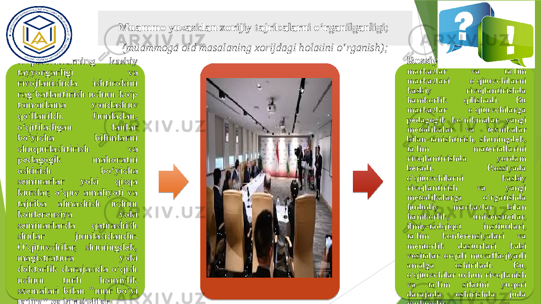 Muammo yuzasidan xorijiy tajribalarni o‘rganilganligi; (muammoga oid masalaning xorijdagi holatini o‘rganish); O&#39;qituvchilarning kasbiy tayyorgarligi va rivojlanishida ishtirokini rag&#39;batlantirish uchun ko&#39;p tomonlama yondashuv qo&#39;llanildi. Jumladan, oʻqitiladigan fanlar boʻyicha bilimlarni chuqurlashtirish va pedagogik mahoratni oshirish boʻyicha seminarlar yoki qisqa kurslar, oʻquv amaliyoti va tajriba almashish uchun konferensiya yoki seminarlarda qatnashish shular jumlasidandir. O&#39;qituvchilar, shuningdek, magistratura yoki doktorlik darajasida o&#39;qish uchun turli homiylik sxemalari bilan &#34;umr bo&#39;yi ta&#39;lim&#34; ga kirishdilar 4 Rossiyada hududiy markazlar va ta&#39;lim markazlari o&#39;qituvchilarni kasbiy rivojlantirishda hamkorlik qilishadi. Bu markazlar o&#39;qituvchilarga pedagogik ko&#39;nikmalar, yangi metodikalar va texnikalar bilan tanishtirish, shuningdek, ta&#39;lim materiallarini rivojlantirishda yordam beradi. Rossiyada o&#39;qituvchilarni kasbiy rivojlantirish va yangi metodikalarga o&#39;rgatishda hududiy markazlar bilan hamkorlik, universitetlar, ilmiy-tadqiqot institutlari, ta&#39;lim konferensiyalari va mentorlik dasturlari kabi vositalar orqali muvaffaqiyatli amalga oshiriladi. Bu, o&#39;qituvchilar uchun rivojlanish va ta&#39;lim sifatini yuqori darajada oshirishda juda muhimdir. 282D 04020C0C0F0D1B020D 0D070E 0D021B2D05020411 040F190F12 1A 0F371A 05 080913 20 0F0B 0B 03 0402100D07050206 03 0B 0B 282D 19021B070B040D0204130D0206 0A 13 0B 04022D11 3C 16 06 19 19 03 09 19 20 19 05 04 0D07 05 0F2D 0D07 19 09 09 07 04 19 0E0F0B 0219 0F2D 0E0206 0A 19 