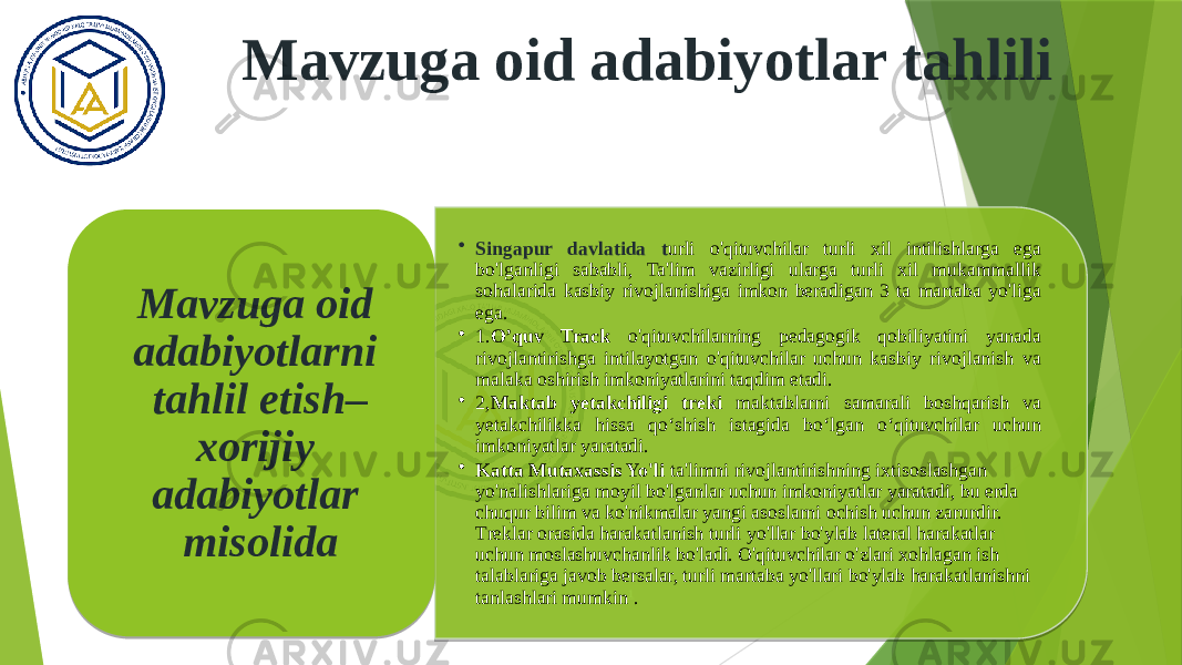 Mavzuga oid adabiyotlar tahlili • Singapur davlatida t urli o&#39;qituvchilar turli xil intilishlarga ega bo&#39;lganligi sababli, Ta&#39;lim vazirligi ularga turli xil mukammallik sohalarida kasbiy rivojlanishiga imkon beradigan 3 ta martaba yo&#39;liga ega. • 1. O’quv Track o&#39;qituvchilarning pedagogik qobiliyatini yanada rivojlantirishga intilayotgan o&#39;qituvchilar uchun kasbiy rivojlanish va malaka oshirish imkoniyatlarini taqdim etadi. • 2, Maktab yetakchiligi treki maktablarni samarali boshqarish va yetakchilikka hissa qo‘shish istagida bo‘lgan o‘qituvchilar uchun imkoniyatlar yaratadi. • Katta Mutaxassis Yo&#39;li ta&#39;limni rivojlantirishning ixtisoslashgan yo&#39;nalishlariga moyil bo&#39;lganlar uchun imkoniyatlar yaratadi, bu erda chuqur bilim va ko&#39;nikmalar yangi asoslarni ochish uchun zarurdir. Treklar orasida harakatlanish turli yo&#39;llar bo&#39;ylab lateral harakatlar uchun moslashuvchanlik bo&#39;ladi. O&#39;qituvchilar o&#39;zlari xohlagan ish talablariga javob bersalar, turli martaba yo&#39;llari bo&#39;ylab harakatlanishni tanlashlari mumkin 1 .Mavzuga oid adabiyotlarni tahlil etish– xorijiy adabiyotlar misolida 01 2B 04 15080906 12 14 01 201F 28 08090A07 05 18 01 2216 01020304 18 1C140B 07 01 15 0B 1C080911 0D 17 040D0E04 0B 0B 2E 1F 1E03070F 0317030B08 1203110C08 20050D081A 0317030B08 04 