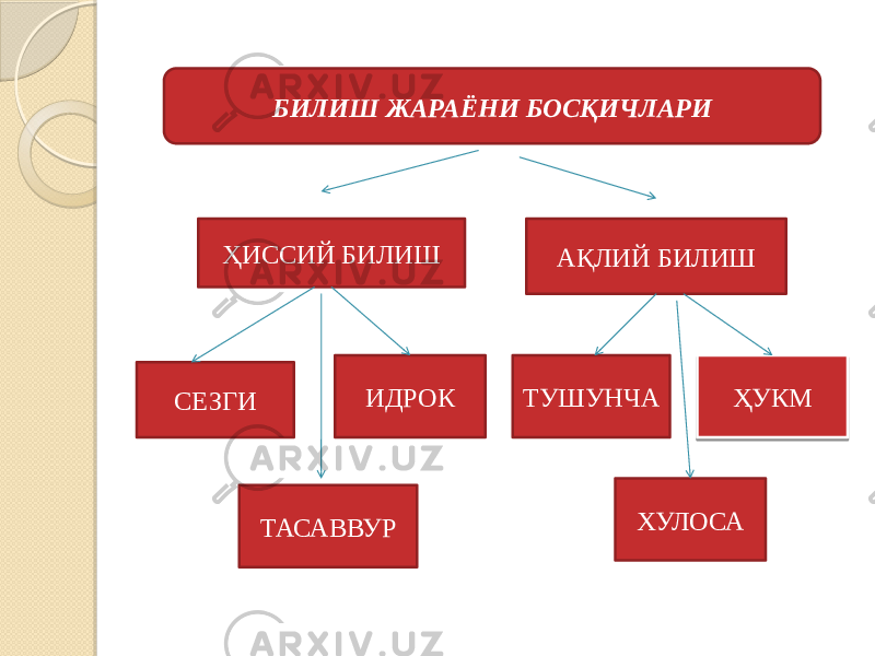 БИЛИШ ЖАРАЁНИ БОСҚИЧЛАРИ ҲИССИЙ БИЛИШ АҚЛИЙ БИЛИШ СЕЗГИ ИДРОК ТУШУНЧА ҲУКМ ТАСАВВУР ХУЛОСА 1E 