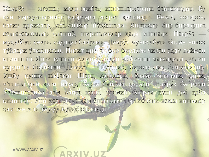 Наврўз — меҳнат, меҳр-оқибат, инсонпарварлик байрамидир. Бу кун марҳумларнинг қабрлари зиёрат қилинади. Кекса, ногирон, ёлғиз қариялар, ота-оналар йўқланади. Кишилар бир-бирларига совға-саломлар улашиб, ширинликлар ҳадя этишади. Наврўз — муҳаббат, севги, садоқат байрами. Наврўз муносабати билан никоҳ тўйлари ўтказилган. Йигит-қизлар бир-бирлари билан аҳду паймон қилишган. Янги тушган келин қўлидан чой ичиш мақсадида „келин кўрди“га борилган. Наврўз — дўстлик, биродарлик байрамидир. Ушбу кунни нафақат Шарқ халқлари, балки миллати, дини, эʼтиқодидан қати назар, барча байрам қилади. Наврўз байрами Ўзбекистонда дам олиш куни, расмий байрам куни деб қабл қилинган. Уни ҳозиргача ҳам ёшлардан тортиб ёши кекса кишилар ҳам тантали тарзда кутиб олишади WWW.ARXIV.UZ 