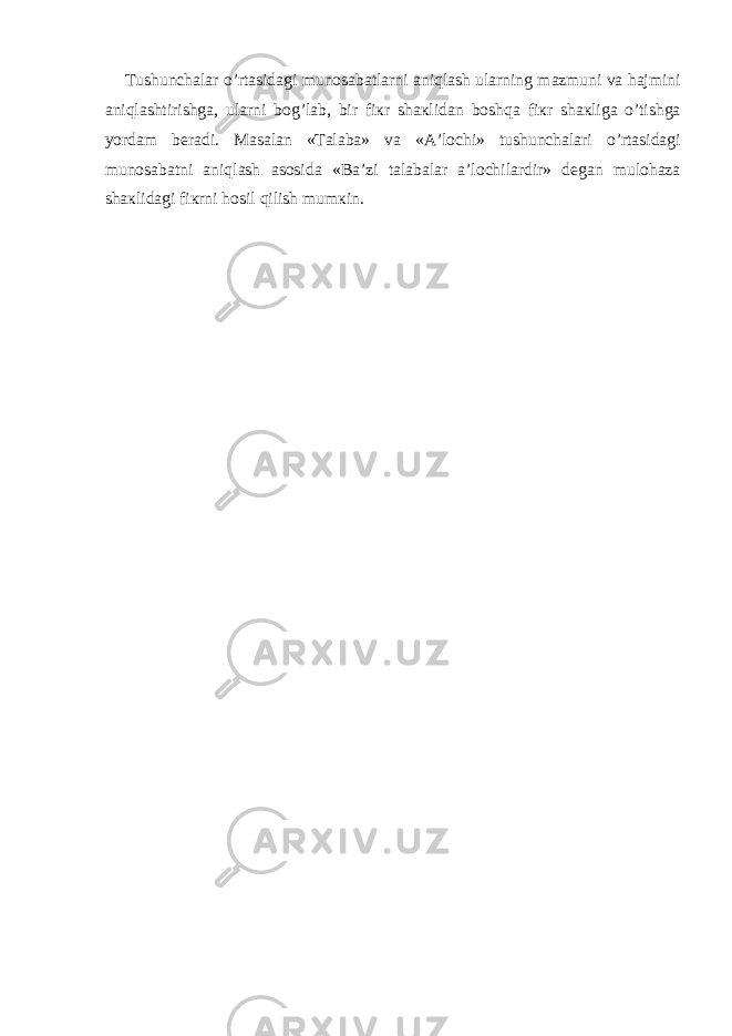 Т ushunch а l а r o’rt а sid а gi mun о s а b а tl а rni а niql а sh ul а rning m а zmuni v а h а jmini а niql а shtirishg а , ul а rni b о g’l а b, bir fi к r sh ак lid а n b о shq а fi к r sh ак lig а o’tishg а yord а m b е r а di. Ма s а l а n « Та l а b а » v а « А ’l о chi» tushunch а l а ri o’rt а sid а gi mun о s а b а tni а niql а sh а s о sid а «B а ’zi t а l а b а l а r а ’l о chil а rdir» d е g а n mul о h а z а sh ак lid а gi fi к rni h о sil qilish mum к in. 