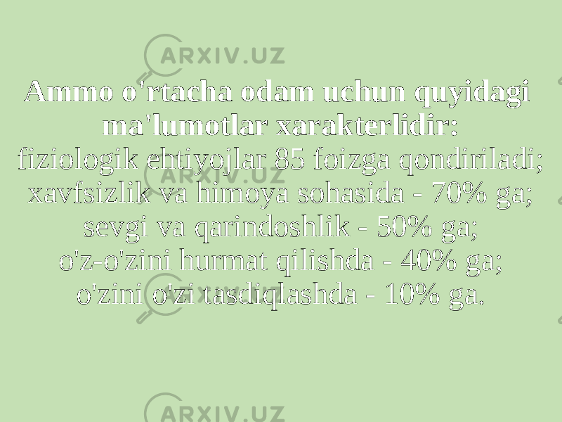 Ammo o&#39;rtacha odam uchun quyidagi ma&#39;lumotlar xarakterlidir: fiziologik ehtiyojlar 85 foizga qondiriladi; xavfsizlik va himoya sohasida - 70% ga; sevgi va qarindoshlik - 50% ga; o&#39;z-o&#39;zini hurmat qilishda - 40% ga; o&#39;zini o&#39;zi tasdiqlashda - 10% ga. 