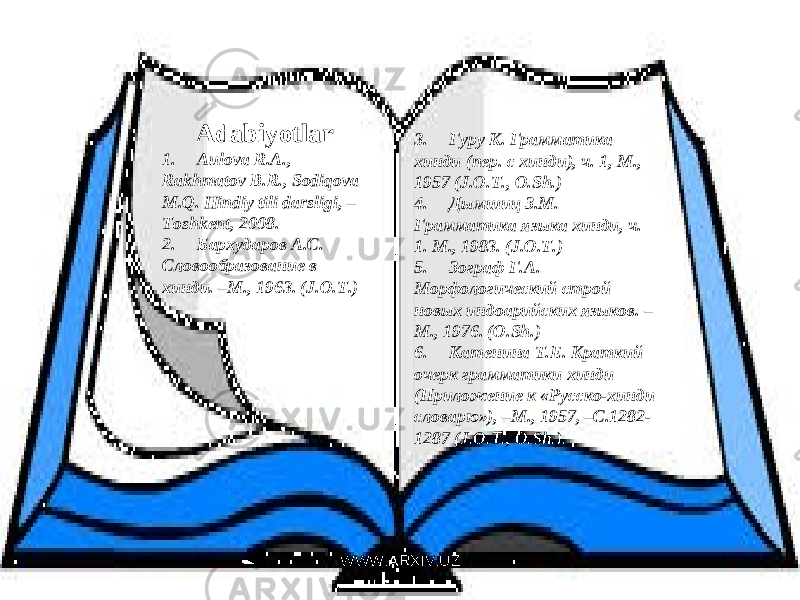 Adabiyotlar 1.     Aulova R.A., Rakhmatov B.R., Sodiqova M.Q. Hindiy tili darsligi, – Toshkent, 2008. 2.     Бархударов А.С. Словообразование в хинди. –M., 1963. (J.O.T.) 3.     Гуру К. Грамматика хинди (пер. с хинди), ч. 1, М., 1957 (J.O.T., O.Sh.) 4.     Дымшиц З.M. Грамматика языка хинди, ч. 1. M., 1983. (J.O.T.) 5.     Зограф Г.А. Морфологический строй новых индоарийских языков. – M., 1976. (O.Sh.) 6.     Катенина Т.Е. Краткий очерк грамматики хинди (Приложение к «Русско-хинди словарю»), –М., 1957, –С.1282- 1287 (J.O.T., O.Sh.). WWW.ARXIV.UZ 