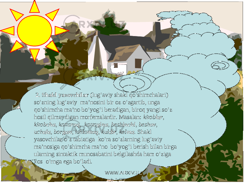  2. Shakl yasovchilar (lug‘aviy shakl qo‘shimchalari) so‘zning lug‘aviy ma’nosini bir oz o‘zgartib, unga qo‘shimcha ma’no bo‘yog‘i beradigan, biroq yangi so‘z hosil qilmaydigan morfemalardir. Masalan: kitob lar , kitob cha , katta roq , katta gina , besh inchi , besh ov , uch ala , bor gan , ishla moq , kul dir , kel ma . Shakl yasovchilar o‘z tabiatiga ko‘ra so‘zlarning lug‘aviy ma’nosiga qo‘shimcha ma’no bo‘yog‘i berish bilan birga ularning sintaktik munosabatini belgilashda ham o‘ziga xos o‘rnga ega bo‘ladi. WWW.ARXIV.UZ 