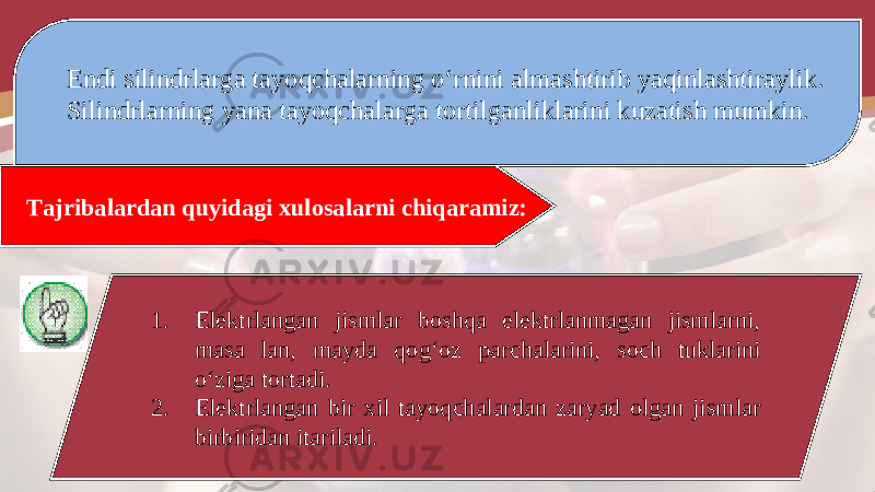 Endi silindrlarga tayoqchalarning o‘rnini almashtirib yaqinlashtiraylik. Silindrlarning yana tayoqchalarga tortilganliklarini kuzatish mumkin. Tajribalardan quyidagi xulosalarni chiqaramiz: 1. Elektrlangan jismlar boshqa elektrlanmagan jismlarni, masa lan, mayda qog‘oz parchalarini, soch tuklarini o‘ziga tortadi. 2. Elektrlangan bir xil tayoqchalardan zaryad olgan jismlar birbiridan itariladi. 