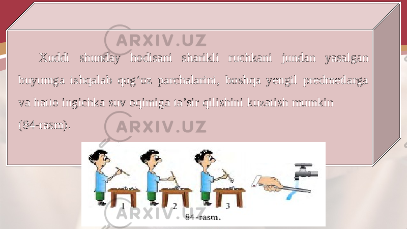 Xuddi shunday hodisani sharikli ruchkani jundan yasalgan buyumga ishqalab qog‘oz parchalarini, boshqa yengil predmetlarga va hatto ingichka suv oqimiga ta’sir qilishini kuzatish mumkin (84-rasm). 