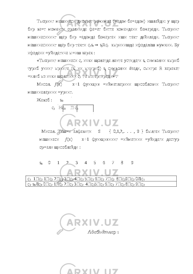 Тьюринг машинаси дискрет режимда (=адам-ба=адам) ишлайди: у щар бир ва=т моменти орали\ида фа=ат битта командани бажаради. Тьюринг машинасининг щар бир =адамда бажарган иши такт дейилади. Тьюринг машинасининг щар бир такти q r s t  s j Rq i кыринишда ифодалаш мумкин. Бу ифодани =уйидагича ы=иш керак : «Тьюринг машинаси q r ички щолатда лента устидаги s t символни кыриб туриб унинг ырнига ( s t ни ычириб) s j символни ёзади, сынгра R харакат =илиб ыз ички щолатини q i га ызгартиради» . Мисол.  (х)  х  1 функция =ийматларини щисобловчи Тьюринг машиналарини =уринг. Жавоб : s 0  q 1  Hq 0  П q 1 Мисол. Таш=и алфавити S  { 0,1,2,. . . , 9 } былган Тьюринг машинаси  (x)  x  1 функциянинг =ийматини =уйидаги дастур ор=али щисоблайди : s 0 0 1 2 3 4 5 6 7 8 9 q 1 1Пq 2 1Пq 2 2Пq 2 3Пq 2 4Пq 2 5Пq 2 6Пq 2 7Пq 2 8Пq 2 9Пq 2 0Лq 1 q 2 s 0 Лq 0 0Пq 2 1Пq 2 2Пq 2 3Пq 2 4Пq 2 5Пq 2 6Пq 2 7Пq 2 8Пq 2 9Пq 2 Адабиётлар : 