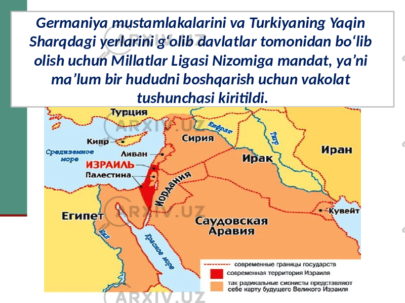 Germaniya mustamlakalarini va Turkiyaning Yaqin Sharqdagi yerlarini g‘olib davlatlar tomonidan bo‘lib olish uchun Millatlar Ligasi Nizomiga mandat, ya’ni ma’lum bir hududni boshqarish uchun vakolat tushunchasi kiritildi. 