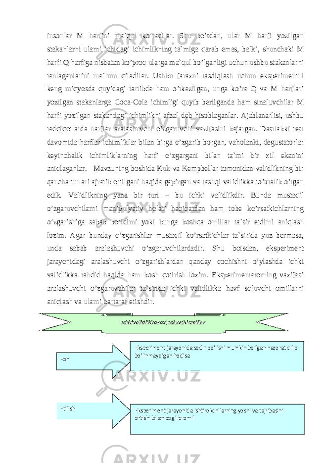 insonlar M harfini ma`qul ko’radilar. Shu boisdan, ular M harfi yozilgan stakanlarni ularni ichidagi ichimlikning ta`miga qarab emas, balki, shunchaki M harfi Q harfiga nisbatan ko’proq ularga ma`qul bo’lganligi uchun ushbu stakanlarni tanlaganlarini ma`lum qiladilar. Ushbu farazni tasdiqlash uchun eksperimentni keng miqyosda quyidagi tartibda ham o’tkazilgan, unga ko’ra Q va M harflari yozilgan stakanlarga Coca-Cola ichimligi quyib berilganda ham sinaluvchilar M harfi yozilgan stakandagi ichimlikni afzal deb hisoblaganlar. Ajablanarlisi, ushbu tadqiqotlarda harflar aralashuvchi o’zgaruvchi vazifasini bajargan. Dastlabki test davomida harflar ichimliklar bilan birga o’zgarib borgan, vaholanki, degustatorlar keyinchalik ichimliklarning harfi o’zgargani bilan ta`mi bir xil ekanini aniqlaganlar. Mavzuning boshida Kuk va Kempbellar tomonidan validlikning bir qancha turlari ajratib o’tilgani haqida gapirgan va tashqi validlikka to’xtalib o’tgan edik. Validlikning yana bir turi – bu ichki validlikdir. Bunda mustaqil o’zgaruvchilarni manipulyativ holati haqiqatdan ham tobe ko’rsatkichlarning o’zgarishiga sabab bo’ldimi yoki bunga boshqa omillar ta`sir etdimi aniqlash lozim. Agar bunday o’zgarishlar mustaqil ko’rsatkichlar ta`sirida yuz bermasa, unda sabab aralashuvchi o’zgaruvchilardadir. Shu boisdan, eksperiment jarayonidagi aralashuvchi o’zgarishlardan qanday qochishni o’ylashda ichki validlikka tahdid haqida ham bosh qotirish lozim. Eksperimentatorning vazifasi aralashuvchi o’zgaruvchilar ta`sirida ichki validlikka havf soluvchi omillarni aniqlash va ularni bartaraf etishdir. Ichkivalidlikkaxavfsoluvchiomillar Fon Etilish Eksperiment jarayonida sodir bo’lishi mumkin bo’lgan nazorat qilib bo’linmaydigan hodisa Eksperiment jarayonida ishtirokchilarning yoshi va tajribasini ortishi bilan bog`liq omil 