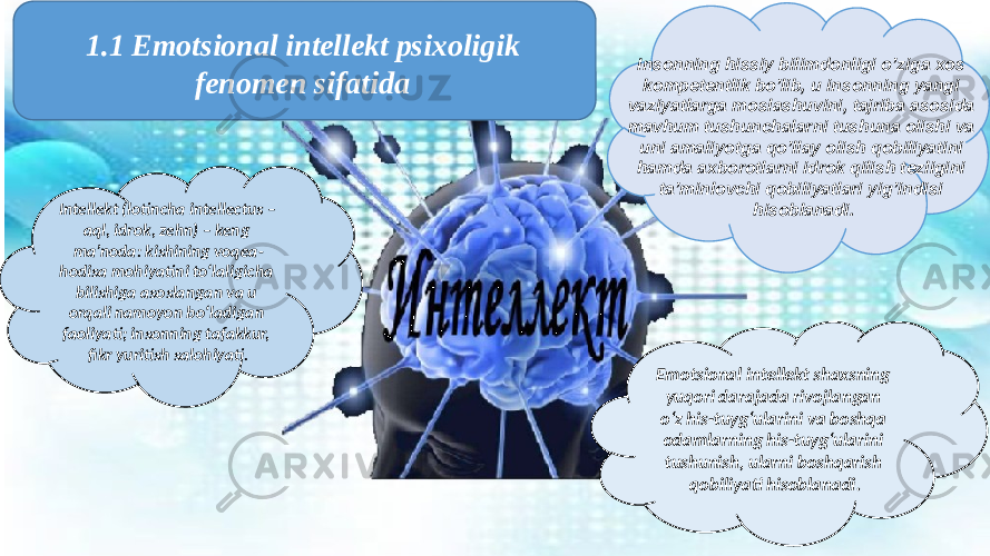 8Insonning hissiy bilimdonligi oʼziga xos kompetentlik boʼlib, u insonning yangi vaziyatlarga moslashuvini, tajriba asosida mavhum tushunchalarni tushuna olishi va uni amaliyotga qoʼllay olish qobiliyatini hamda axborotlarni idrok qilish tezligini taʼminlovchi qobiliyatlari yigʼindisi hisoblanadi. Emotsional intellekt shaxsning yuqori darajada rivojlangan oʻz his-tuyg‘ularini va boshqa odamlarning his-tuygʻularini tushunish, ularni boshqarish qobiliyati hisoblanadi.Intellekt (lotincha intellectus – aql, idrok, zehn) – keng ma’noda: kishining voqea- hodisa mohiyatini to‘laligicha bilishiga asoslangan va u orqali namoyon bo‘ladigan faoliyati; insonning tafakkur, fikr yuritish salohiyati.1.1 Emotsional intellekt psixoligik fenomen sifatida 