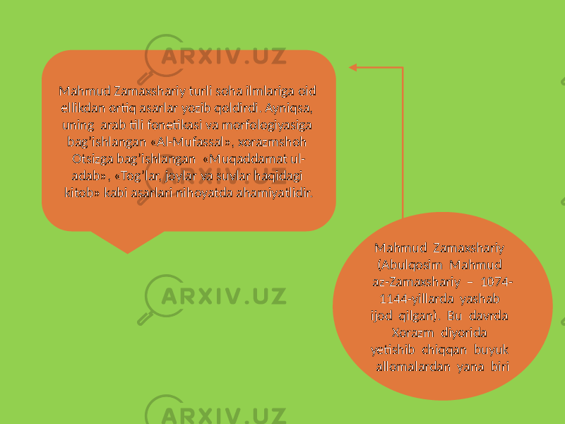 Mahmud Zamaxshariy turli soha ilmlariga oid ellikdan ortiq asarlar yozib qoldirdi. Ayniqsa, uning arab tili fonetikasi va morfologiyasiga bag’ishlangan «Al-Mufassal», xorazmshoh Otsizga bag’ishlangan «Muqaddamat ul- adab», «Tog’lar, joylar va suvlar haqidagi kitob» kabi asarlari nihoyatda ahamiyatlidir. Mahmud Zamaxshariy (Abulqosim Mahmud az-Zamaxshariy – 1074- 1144-yillarda yashab ijod qilgan). Bu davrda Xorazm diyorida yetishib chiqqan buyuk allomalardan yana biri 