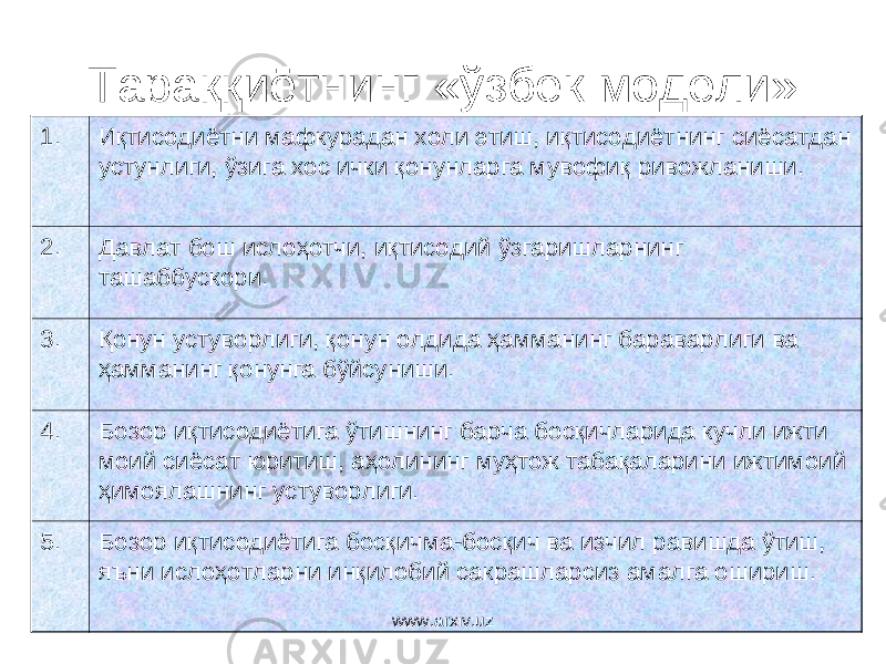 Тараққиётнинг «ўзбек модели» 1. Иқтисодиётни мафкурадан холи этиш, иқтисодиётнинг сиёсатдан устунлиги, ўзига хос ички қонунларга мувофиқ ривожланиши. 2. Давлат бош ислоҳотчи, иқтисодий ўзгаришларнинг ташаббускори. 3. Қонун устуворлиги, қонун олдида ҳамманинг бараварлиги ва ҳамманинг қонунга бўйсуниши. 4. Бозор иқтисодиётига ўтишнинг барча босқичларида кучли ижти моий сиёсат юритиш, аҳолининг муҳтож табақаларини ижтимоий ҳимоя лашнинг устуворлиги. 5. Бозор иқтисодиётига босқичма-босқич ва изчил равишда ўтиш, яъни ислоҳотларни инқилобий сакрашларсиз амалга ошириш. www.arxiv.uz 