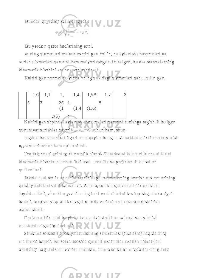 Bundan quyidagi kelib chiqadi . Bu yerda г -qator hadlarining soni. ж ning qiymatlari me&#39;yorlashtirilgan bo&#39;lib, bu aylanish chasto talari va surish qiymatlari qatorini ham me&#39;yorlashga olib kelgan, bu esa stanoklarning kinematik hisobini ancha osonlashtiradi. Keltirilgan normal bo&#39;yicha ^ning quyidagi qiymatlari qabul qilin-gan. 1,0 6 1,1 2 1, 26 1,4 1 1,58 1,7 8 2 (1 ,25) (1,4 ) (1,6) Keltirilgan shpindel aylanish chastotalari qatorini tuzishga tegish-Ii bo&#39;lgan qonuniyat surishlar qatori uchun ham, shun- ingdek bosh harakat ilgarilama-qaytar bo&#39;lgan stanoklarda ikki marta yurish « d v sonlari uchun ham qo&#39;llaniladi. Tezliklar qutilarining kinematik hisobi. Stanoksozlikda tezliklar qutilarini kinematik hisoblash uchun ikki usul—analitik va grafoana-litik usullar qo&#39;llaniladi. Ikkala usul tezliklar qutisi tarkibidagi uzatmalaming uzatish nis-batlarining qanday aniqlanishini ko&#39;rsatadi. Ammo, odatda grafoanali-tik usuldan foydalaniladi, chunki u yechimning turli variantlarini tez topishga imkoniyat beradi, ko&#39;proq yaqqollikka egaligi bois variantlarni o&#39;zaro solishtirish osonlashadi. Grafoanalitik usul bo&#39;yicha ketma-ket struktura setkasi va aylanish chastotalari grafigi tuziladi. Struktura setkasi stanok yuritmasining strukturasi (tuzilishi) haqida aniq ma&#39;lumot beradi. Bu setka asosida guruhli uzatmalar uzatish nisbat-Iari orasidagi bog&#39;lanishni ko&#39;rish mumkin, ammo setka bu miqdorlar-ning aniq 