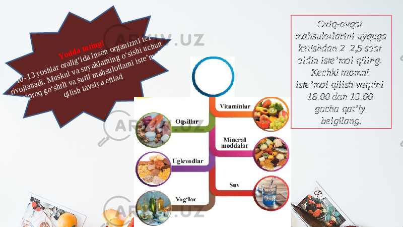 Yodda tuting! 10–13 yoshlаr оrаlig‘idа insоn оrgаnizm i tеz rivоjlаnаdi. М uskul vа suyaklаrning o‘sishi uchun ko‘prоq go‘shtli vа sutli m аhsulоtlаrni istе’m оl qilish tаvsiya etilаdOziq-ovqat mahsulotlarini uyquga ketishdan 2–2,5 soat oldin isteʼmol qiling. Kechki taomni isteʼmol qilish vaqtini 18.00 dan 19.00 gacha qatʼiy belgilang. 