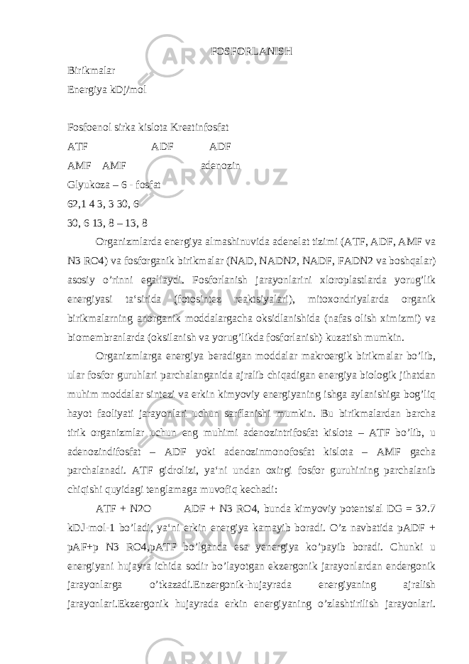 FOSFORLANISH Birikmalar Energiya kDj/mol Fosfoenol sirka kislota Kreatinfosfat ATF ADF ADF AMF AMF adenozin Glyukoza – 6 - fosfat 62,1 4 3, 3 30, 6 30, 6 13, 8 – 13, 8 Organizmlarda energiya almashinuvida adenelat tizimi (ATF, ADF, AMF va N3 RO4) va fosforganik birikmalar (NAD, NADN2, NADF, FADN2 va boshqalar) asosiy o’rinni egallaydi. Fosforlanish jarayonlarini xloroplastlarda yorug’lik energiyasi ta‘sirida (fotosintez reaktsiyalari), mitoxondriyalarda organik birikmalarning anorganik moddalargacha oksidlanishida (nafas olish ximizmi) va biomembranlarda (oksilanish va yorug’likda fosforlanish) kuzatish mumkin. Organizmlarga energiya beradigan moddalar makroergik birikmalar bo’lib, ular fosfor guruhlari parchalanganida ajralib chiqadigan energiya biologik jihatdan muhim moddalar sintezi va erkin kimyoviy energiyaning ishga aylanishiga bog’liq hayot faoliyati jarayonlari uchun sarflanishi mumkin. Bu birikmalardan barcha tirik organizmlar uchun eng muhimi adenozintrifosfat kislota – ATF bo’lib, u adenozindifosfat – ADF yoki adenozinmonofosfat kislota – AMF gacha parchalanadi. ATF gidrolizi, ya‘ni undan oxirgi fosfor guruhining parchalanib chiqishi quyidagi tenglamaga muvofiq kechadi: ATF + N2O ADF + N3 RO4, bunda kimyoviy potentsial DG = 32.7 kDJ-mol-1 bo’ladi, ya‘ni erkin energiya kamayib boradi. O’z navbatida pADF + pAF+p N3 RO4,pATF bo’lganda esa yenergiya ko’payib boradi. Chunki u energiyani hujayra ichida sodir bo’layotgan ekzergonik jarayonlardan endergonik jarayonlarga o’tkazadi.Enzergonik-hujayrada energiyaning ajralish jarayonlari.Ekzergonik hujayrada erkin energiyaning o’zlashtirilish jarayonlari. 