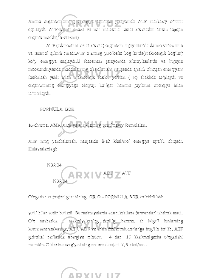 Ammo organizmlarning energiya taminoti jarayonida ATF markaziy o’rinni egallaydi. ATF-adenin,riboza va uch malekula fosfat kislotadan tarkib topgan organik modda(13-chizma) ATF (adenozintrifosfat kislota) organizm hujayralarida doimo sintezlanib va istemol qilinib turadi.ATF o’zining pirofosfat bog’larida(makroergik bog’lar) ko’p energiya saqlaydi.U fotosintez jarayonida xloroplastlarda va hujayra mitoxondriyasida moddalarning oksidlanishi natijasida ajralib chiqqan energiyani fosforlash yshli bilan makroergik fosfor yo’llari ( R) shaklida to’playdi va organizmning energiyaga ehtiyoji bo’lgan hamma joylarini energiya bilan ta‘minlaydi. FORMULA BOR 16-chizma. AMF, ADF va ATF larning tuzitlmaviy formulalari. ATF ning parchalanishi natijasida 8-10 kkal/mol energiya ajralib chiqadi. Hujayralardagi: +N3RO4 ADF ATF -N3RO4 O’zgarishlar fosfori guruhining -OR-O – FORMULA BOR ko’chirilishi: yo’li bilan sodir bo’ladi. Bu reaktsiyalarda adenilatkilaza fermentlari ishtirok etadi. O’z navbatida u reaktsiyalarning faolligi harorat, rh Mg+2 ionlarning kontstsentratsiyasiga, ATF, ADF va erkin fosfat miqdorlariga bog’liq bo’lib, ATF gidrolizi natijasida energiya miqdori - 4 dan -15 kkal/molgacha o’zgarishi mumkin. Gidroliz energiyasining andoza darajasi-7, 3 kkal/mol. 